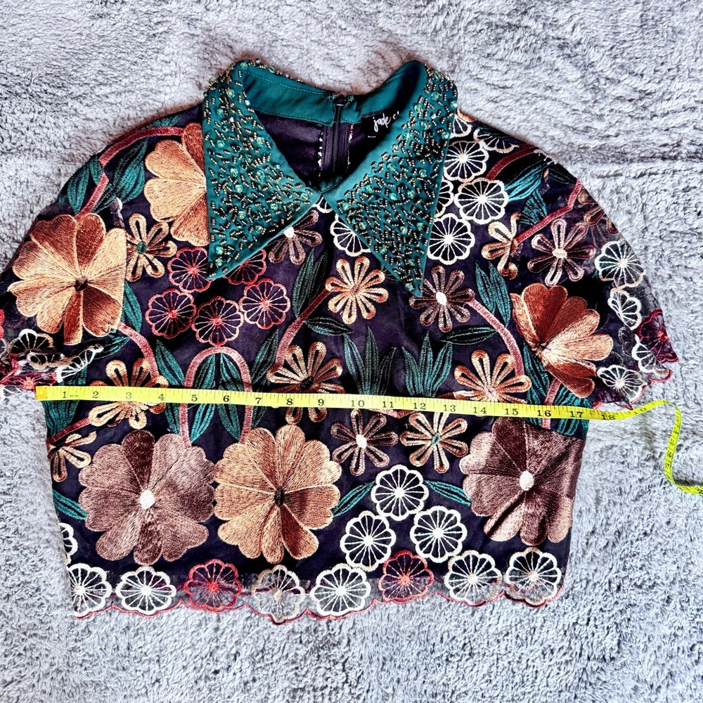 Jade Sky Embroidered Beaded Collar Blouse Floral Size M Cottagecore Whimsy Fairy - Picture 10 of 14